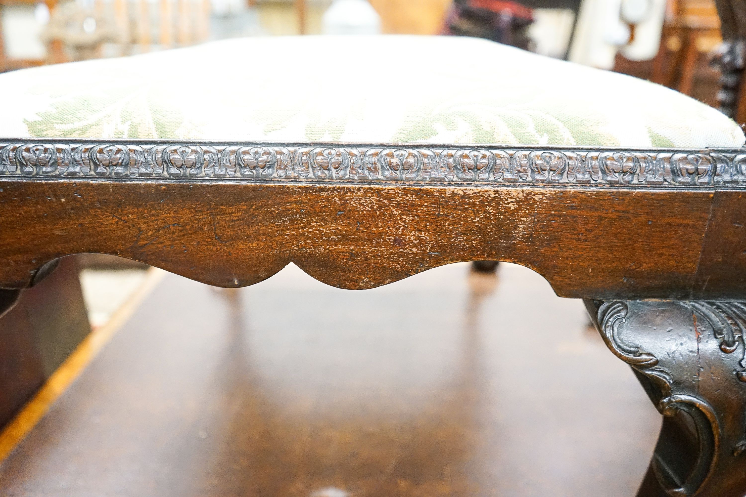 A Chippendale revival rectangular mahogany stool, width 90cm, depth 60cm, height 43cm